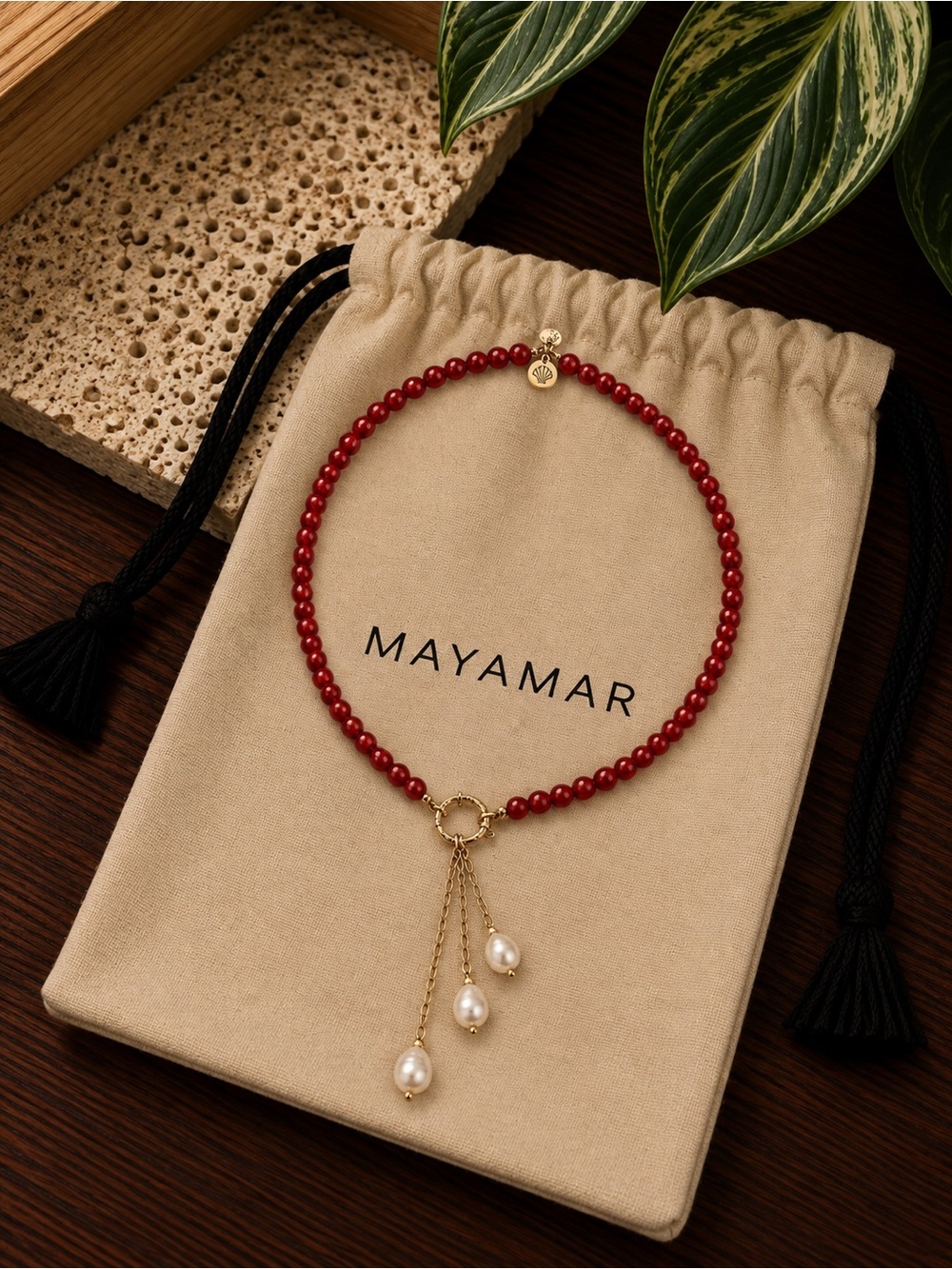 New mayamar Red garnet Beaded Necklace with Gold Pearl Drop